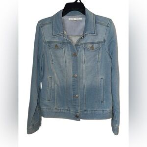 LC Lauren Conrad M Light Wash Denim Trucker Biker Jacket Stripe Trim Chic preppy